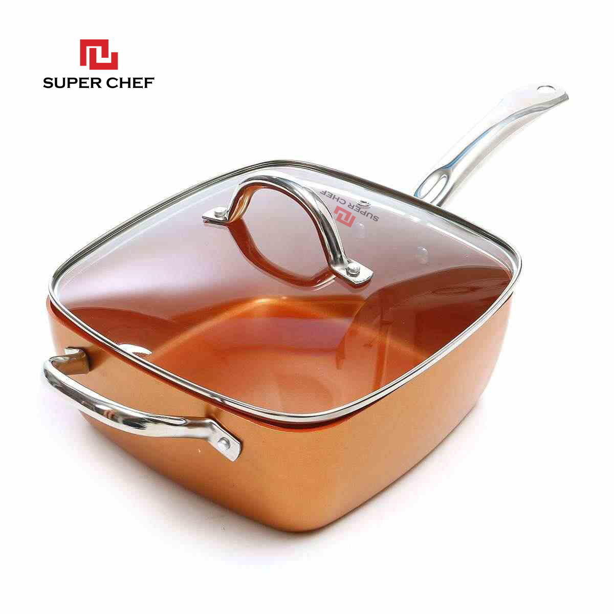 Nồi Chống Dính Ceramic Vuông  Cán Dài Super Chef Cao Cấp Siêu Bền Bỉ Không Bong Tróc, Chống Ăn Mòn, Đảm Bảo An Toàn Sức Khỏe Kèm Nắp Kính ( Size 20, 24cm