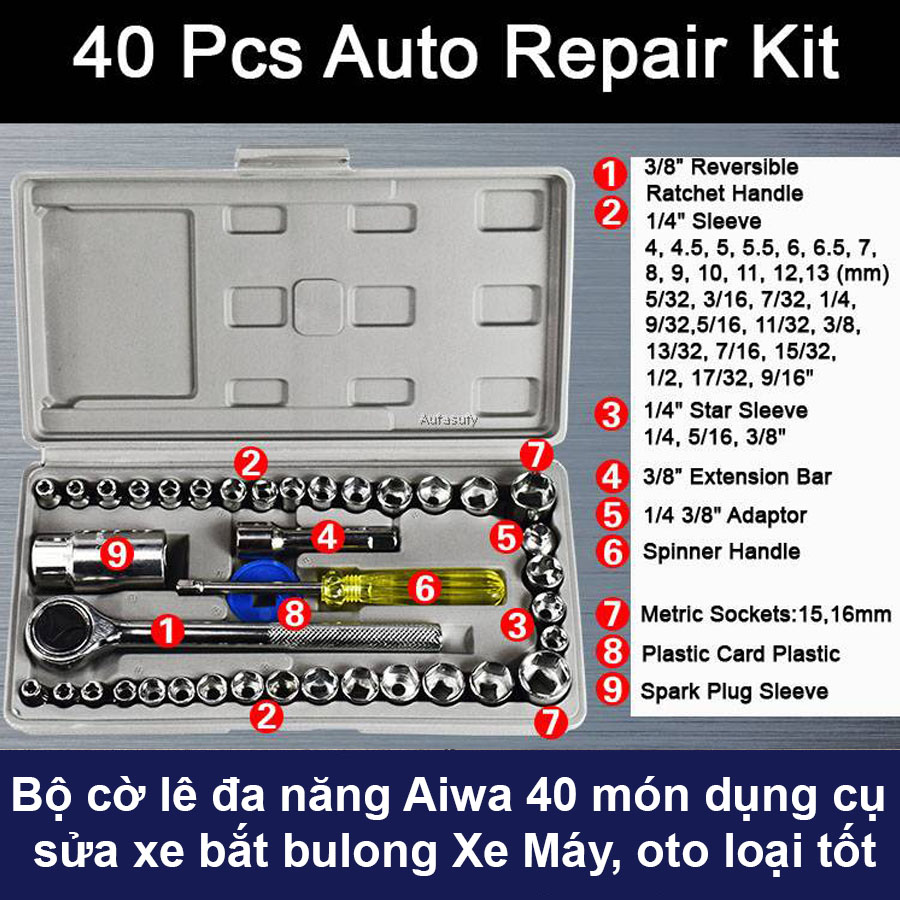 Bộ cờ lê đa năng Aiwa loại tốt 40 món dụng cụ sửa xe bắt bulong Xe Máy, oto