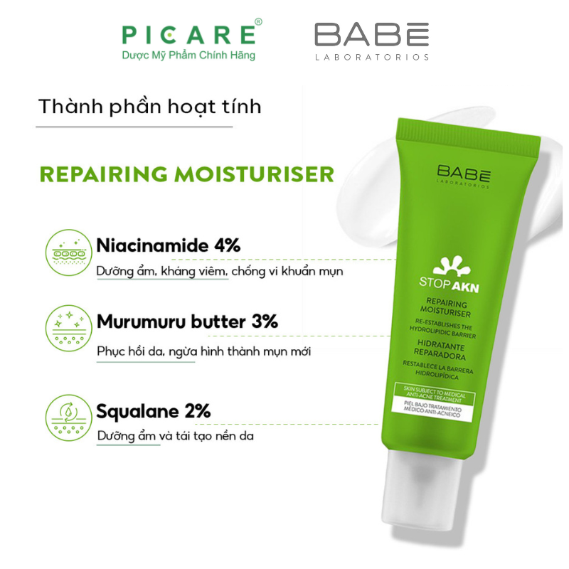 Kem Dưỡng Phục Hồi Da Sau Treatment, Thấm Siêu Nhanh Babe Stop Akn Repairing Moisturiser 50ml