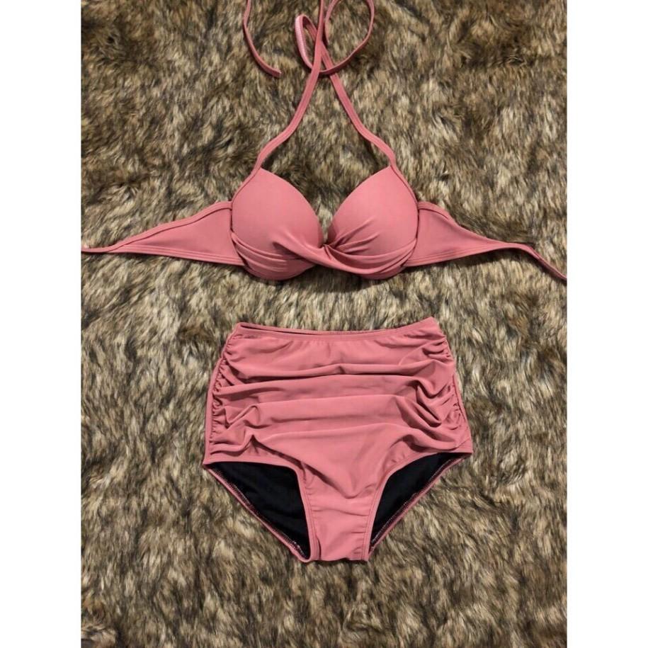 freeship Bikini hai mảnh hồng pastel mặc đi biển nữ tính chất thun lạnh