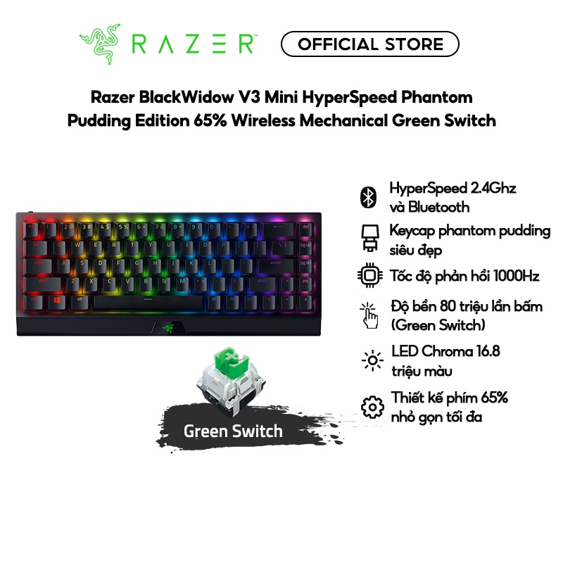 Bàn phím Razer BlackWidow V3 Mini HyperSpeed-Wireless Mechanical-Yellow Switch_RZ03-03890100-R3M1- HÀNG CHÍNH HÃNG