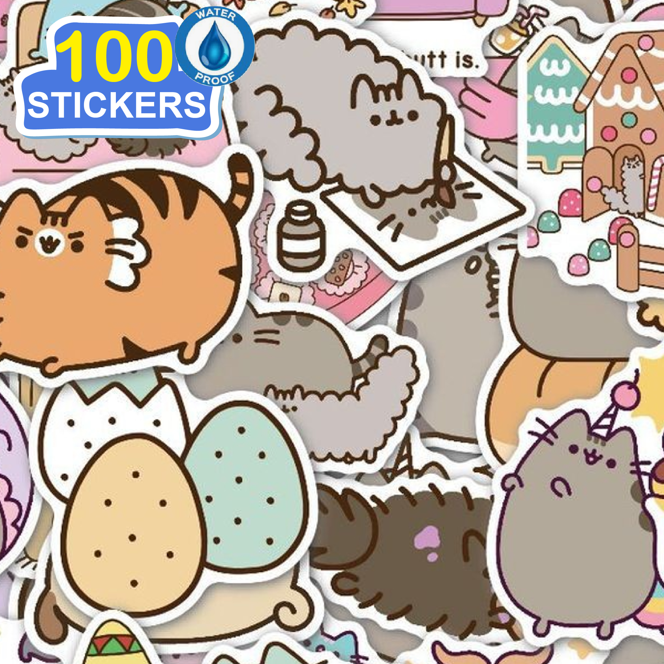 100 Stickers hoạt hình mèo ú hình dán dễ thương trang trí laptop, điện thoại, ipad, cốc nước, sổ tay, vali du lịch, scooter, ván trược - Chống thấm nước - FiDi