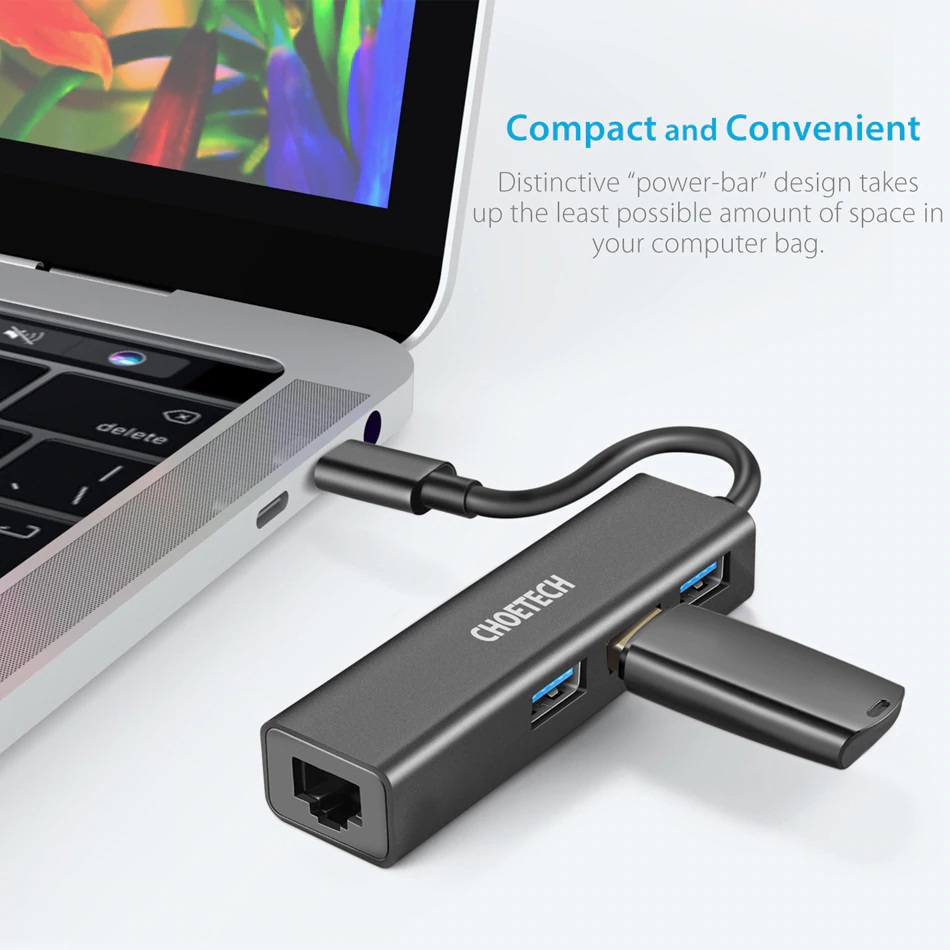Hub Adapter 4 in 1 CHOETECH U02BK chuyển từ Type-C ra 3 cổng USB 3.0 & cổng LAN RJ45 dùng cho Macbook / Laptop - Hàng chính hãng