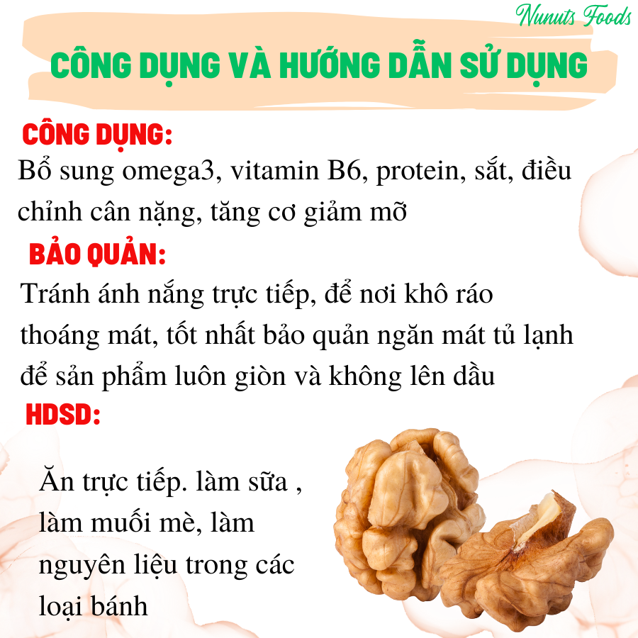 Mix hạt dinh dưỡng gồm 2 loại óc chó đã tách vỏ Mỹ ( óc chó đỏ, óc chó vàng) có loại làm sữa, sấy giòn và nướng mật ong Nunuts