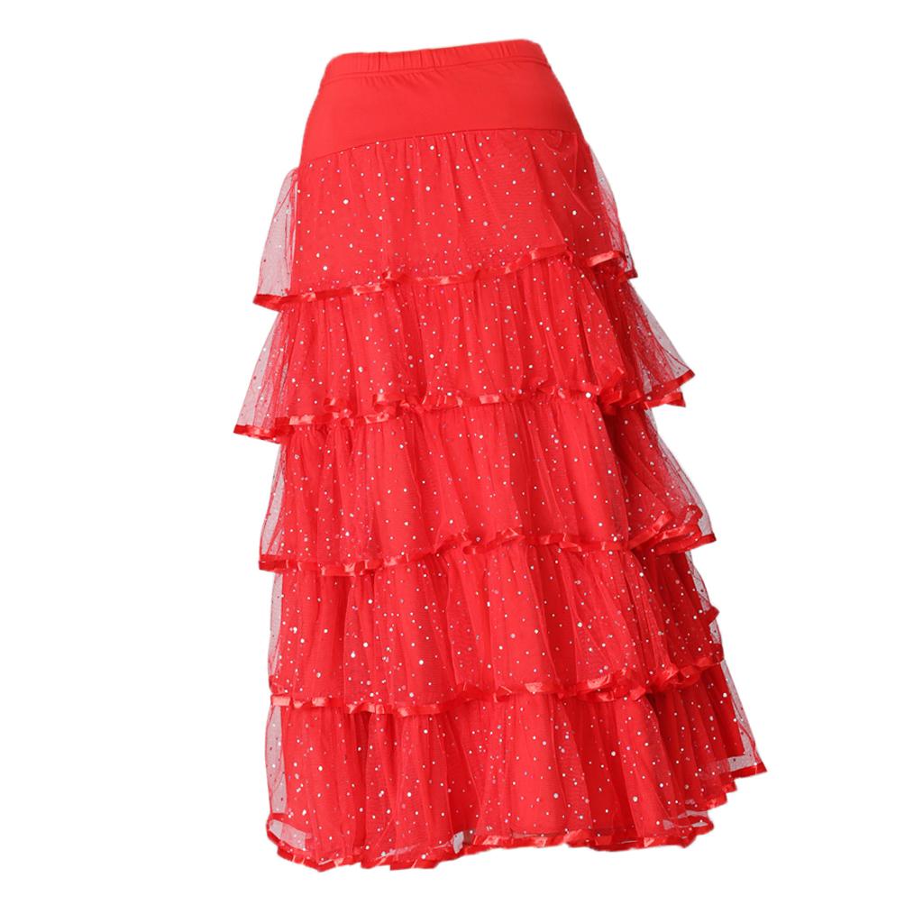 Womens Full Wing Flamenco Ballroom Modern Dance Skirt Full Swing Mesh Skirts