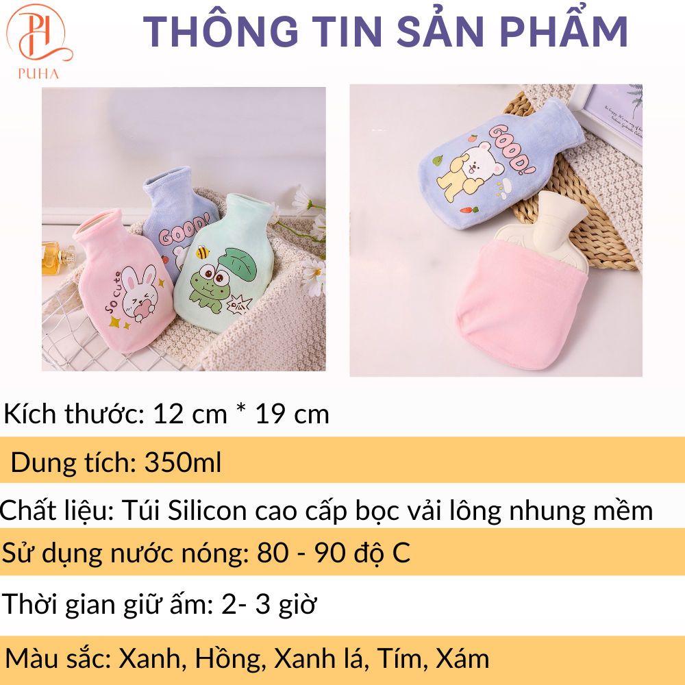 Túi chườm nóng lạnh PUHA 350ml, túi chườm sưởi ấm giảm đau bụng kinh họa tiết dễ thương