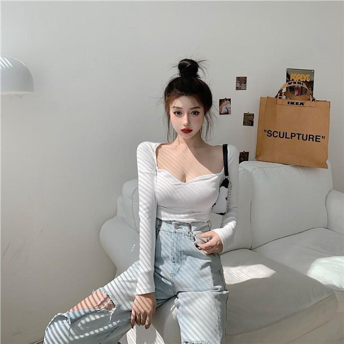 Áo Thun Dệt Kim Tay Dài Cổ Vuông Màu Trơn Phong Cách Vintage, Áo Thun Nữ Thời Trang Công Sở Đơn Giản