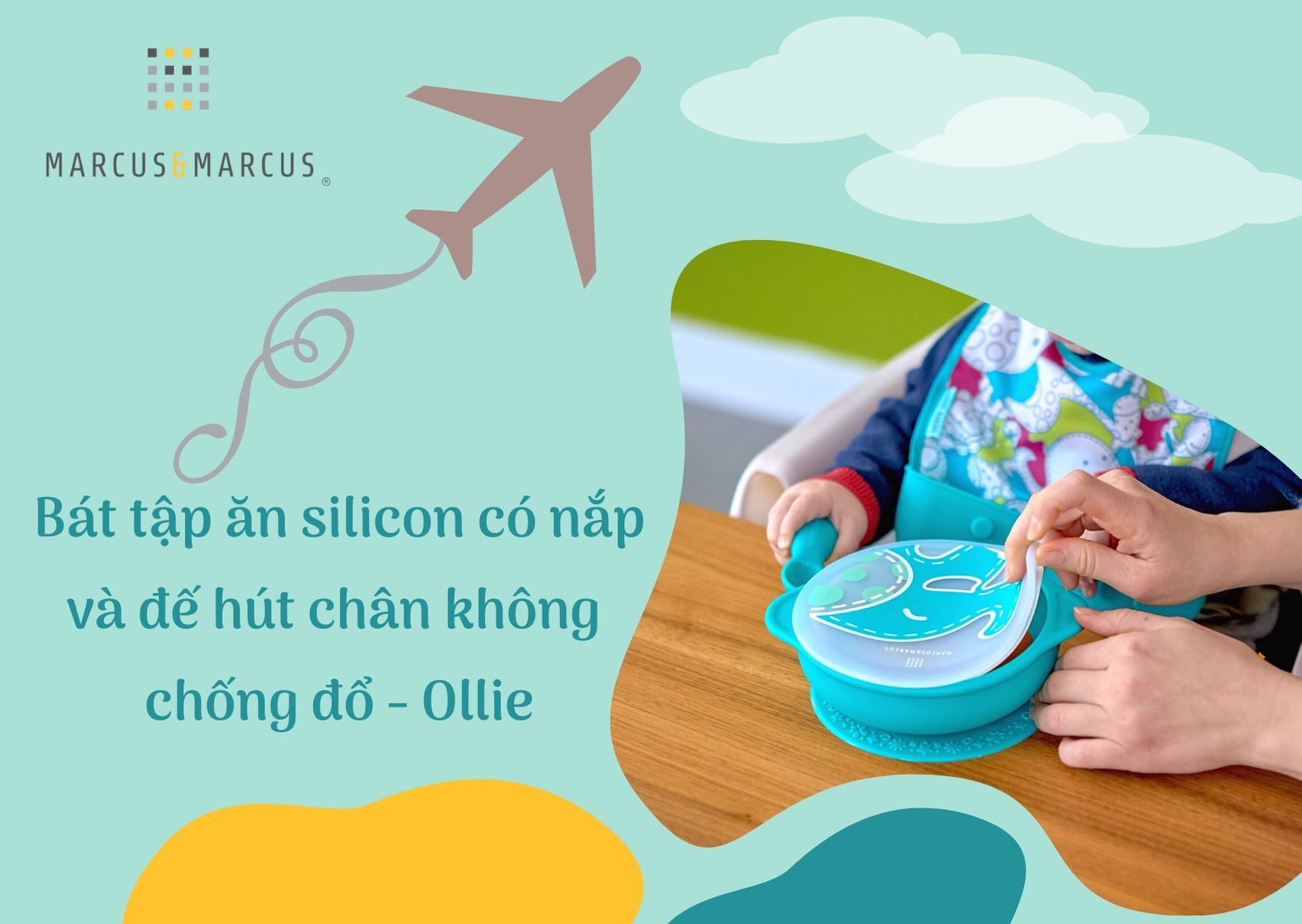 Bát tập ăn silicon có nắp và đế hút chân không chống đổ cho bé Marcus & Marcus, từ 12 tháng - Ollie