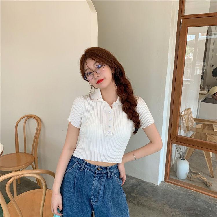 Áo croptop dệt kim tay ngắn cổ polo thời trang Hàn Quốc thanh lịch