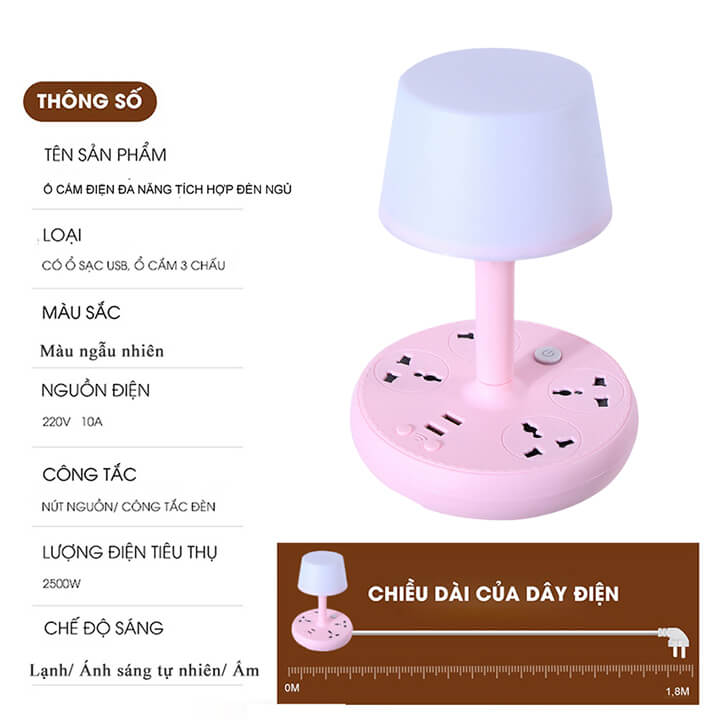 Ổ cắm điện đa năng chống giật có 2 cổng sạc nhanh USB chịu tại 2500W, 4 ổ cắm điện cao cấp kiêm đèn ngủ thông minh 3 chế độ sáng, tặng kèm điều khiển từ xa
