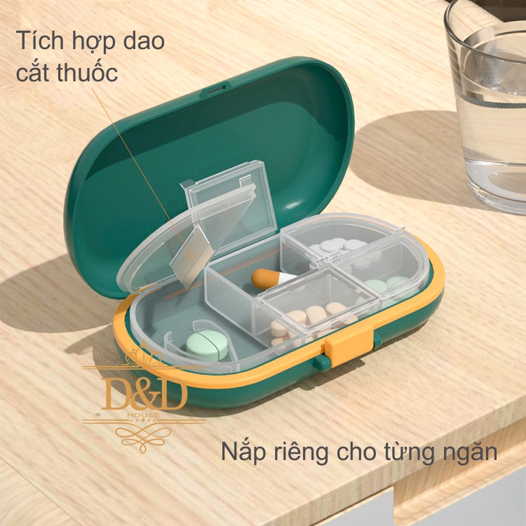 Hộp đựng thuốc du lịch nhiều ngăn tích hợp dao cắt thuốc tiện lợi