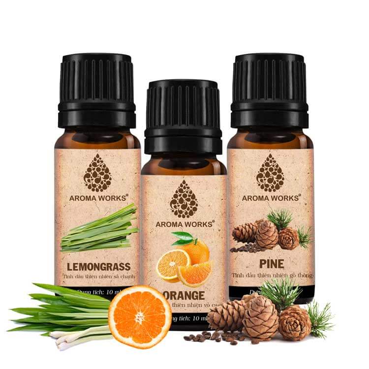 Combo 3 Tinh Dầu Nguyên Chất Aroma Works: Tinh Dầu Sả Chanh + Tinh Dầu Gỗ Thông + Tinh Dầu Vỏ Cam 10ml)