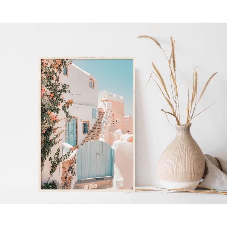 Bộ 3 tranh treo tường santorini, tranh canvas tone xanh biển. có đinh tặng kèm