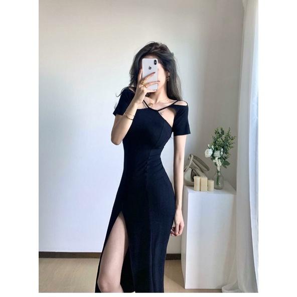 ĐẦM MAXI ĐEN DÁNG DÀI KHOÉT VAI XẺ TÀ CHẤT DÀY DẶN
