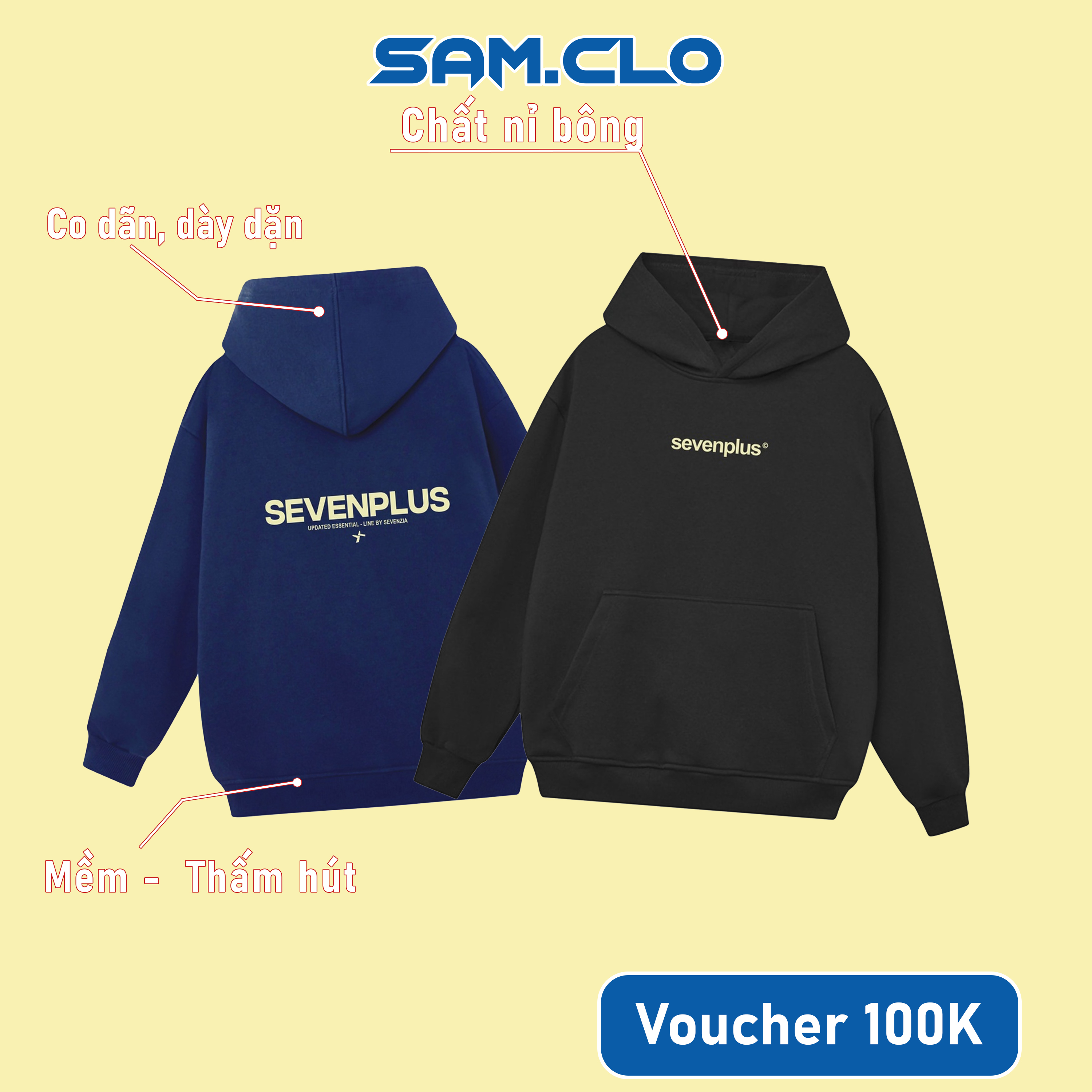 Áo khoác nỉ hoodie SAM CLO nam nữ có mũ dây rút tay dài thu đông freesize dáng Unisex CHUI SEVENPLUS