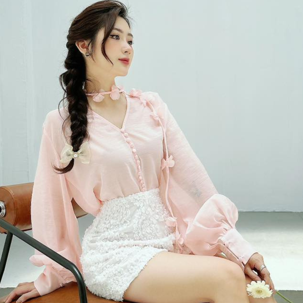 Set Đồ Bộ Thiết Kế MAY CH15 Sang Trọng Thanh Lịch Màu Hồng Trắng Đính Kết Hoa Thủ Công Đủ Size SMLXL