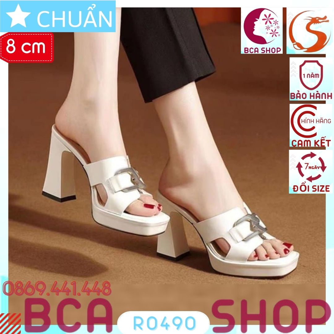 Giày cao gót nữ hở mũi 8p RO490 ROSATA tại BCASHOP đế vuông cách điệu cùng màu thân, quai ngang có đính khóa - màu trắng