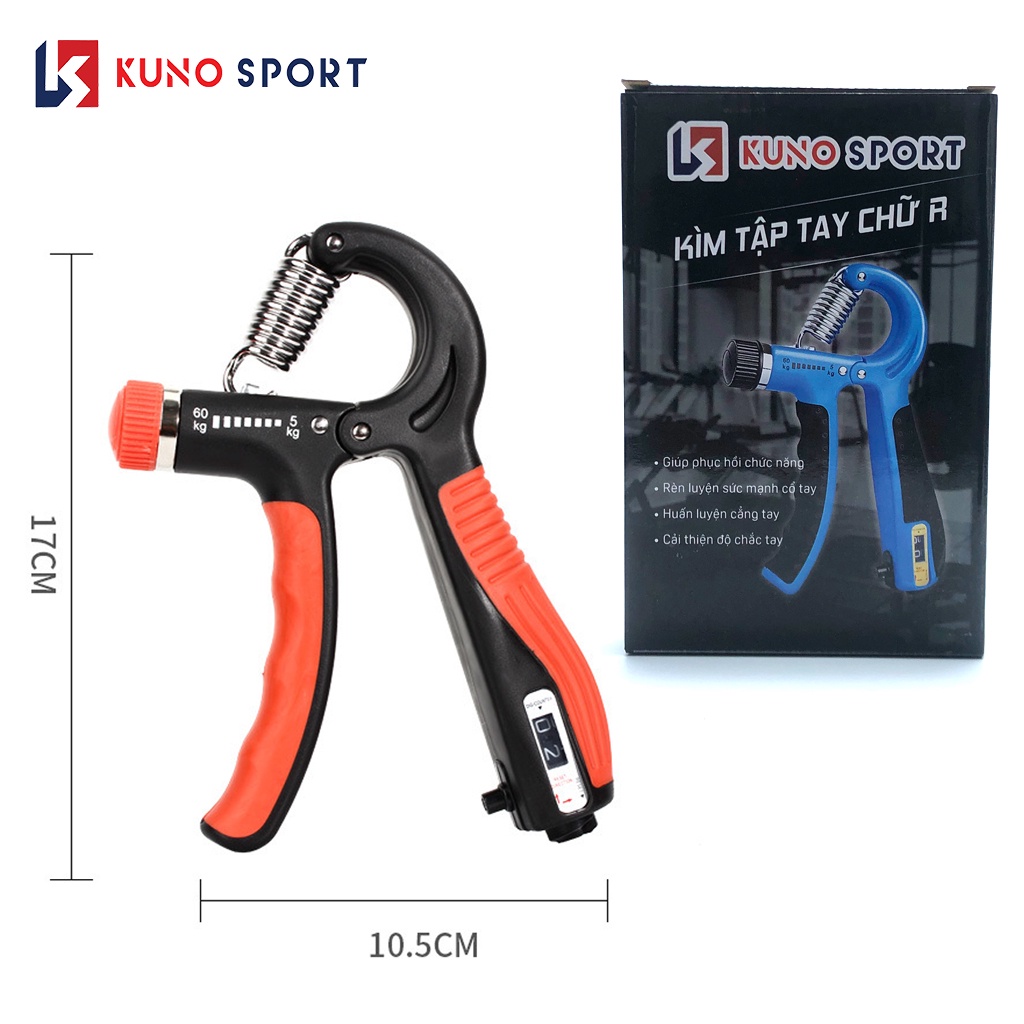 Combo dụng cụ tập cơ tay KUNO SPORT, kìm bóp tay chữ R có đếm số và dụng cụ tập tay chữ U