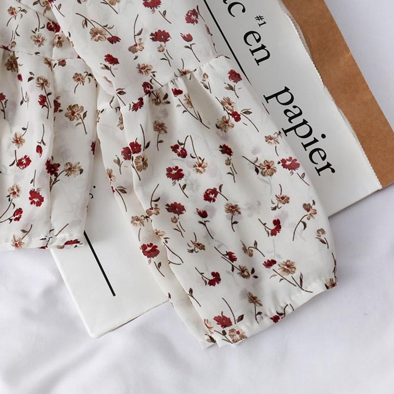 Women's Fashion V Neck Floral Print Sweet Small Fresh Long Sleeves Chiffon Shirt Blouses