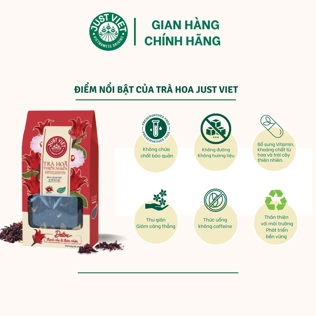 Trà Hoa Thiên Nhiên Detox Just Viet - Hoa Atiso Đỏ &amp; Trái Cây Sấy - Thanh Lọc - Tốt Cho Sức Khỏe