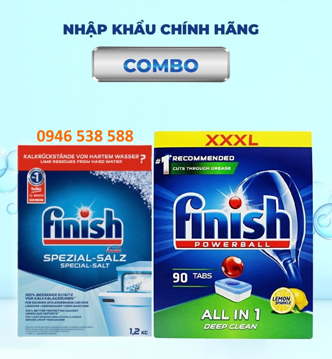 combo Viên rửa bát finish all in one 100 viên + Muối rửa bát finish 1.5kg  cho Máy rửa bát