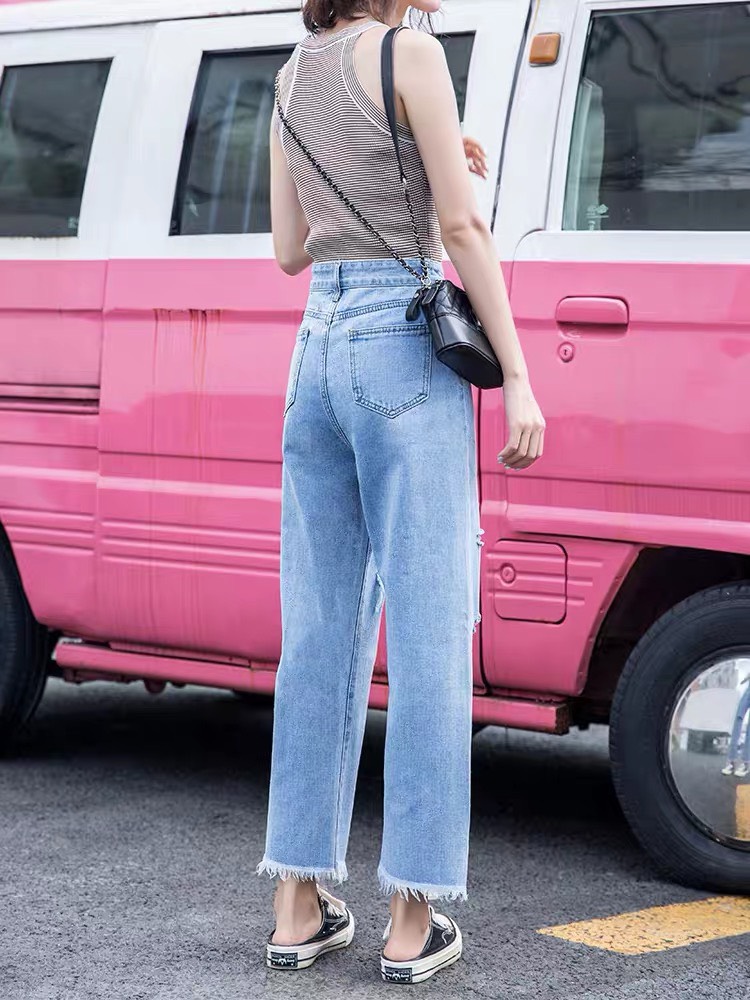 QUẦN BAGGY JEAN NỮ ỐNG LOE RÁCH ÍT VẢI MỀM KHÔNG CO DÃN BIG SIZE, CÓ 2 MÀU XANH ĐẬM XANH NHẠT