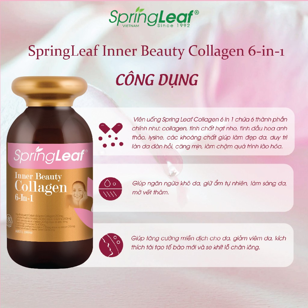 Viên uống Collagen 6 in 1 SpringLeaf làm đẹp da, sáng da, mờ vết thâm, chắc khỏe tóc, chống oxy hóa 60/90/180 viên