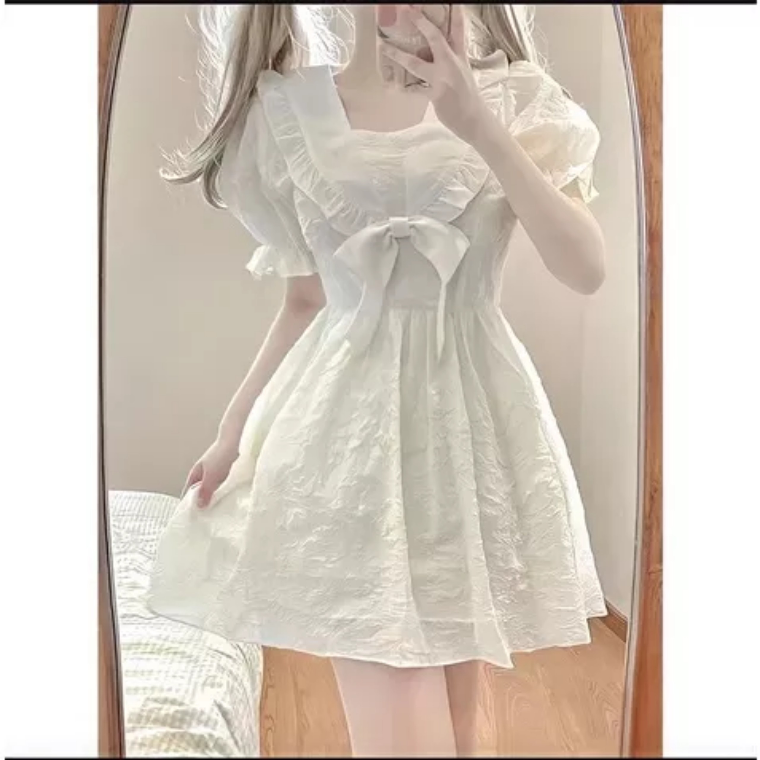 Đầm Nữ Cổ Sen Cộc Tay Viền Bèo Buộc Nơ Vải Gấm Tay Bo Dáng Xòe Siêu Xinh