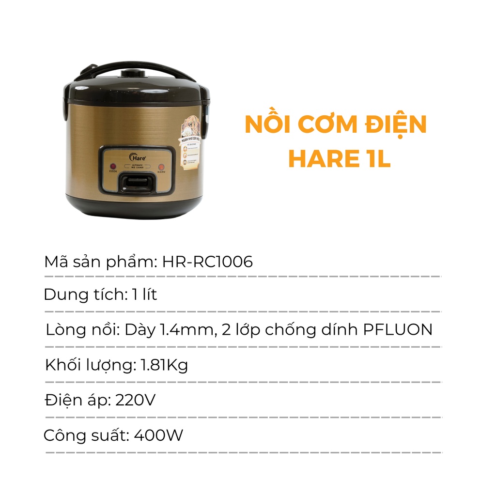 Nồi cơm điện HR-RC1006 (1L) -hàng chính hãng thương hiệu Hare - bảo hành 12 tháng