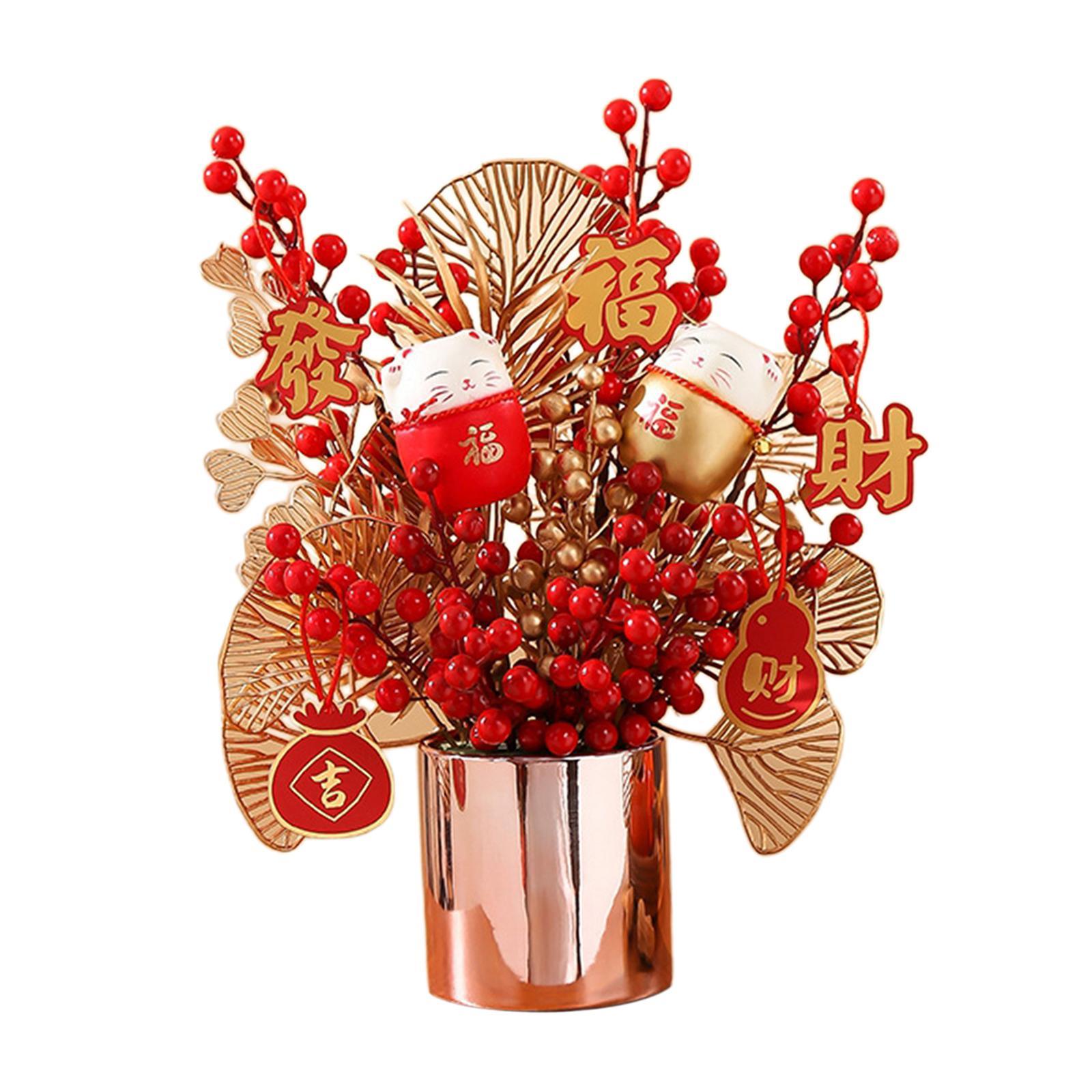 Bình Hoa Giả trang trí trang trí năm mới may mắn với Mèo Tài Lộc Phong Thủy