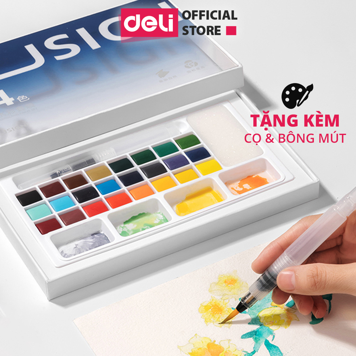 Màu Nước Dạng Nén Cao Cấp 24 Màu Nusign - Kèm Bút Vẽ, Bông Mút Chuyên Nghiệp, Màu bền, đậm, Dễ Loang Màu