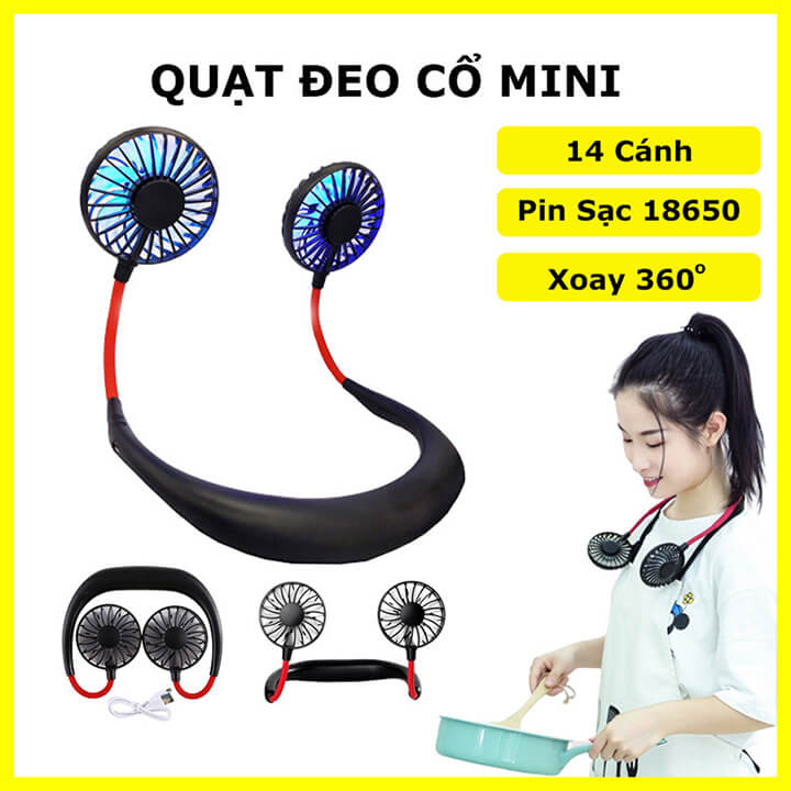 Quạt đeo cổ mini sạc tích điện 14 cánh cao cấp, Quạt mini treo cổ 3 mức gió điều chỉnh 360 độ giá rẻ phong cách