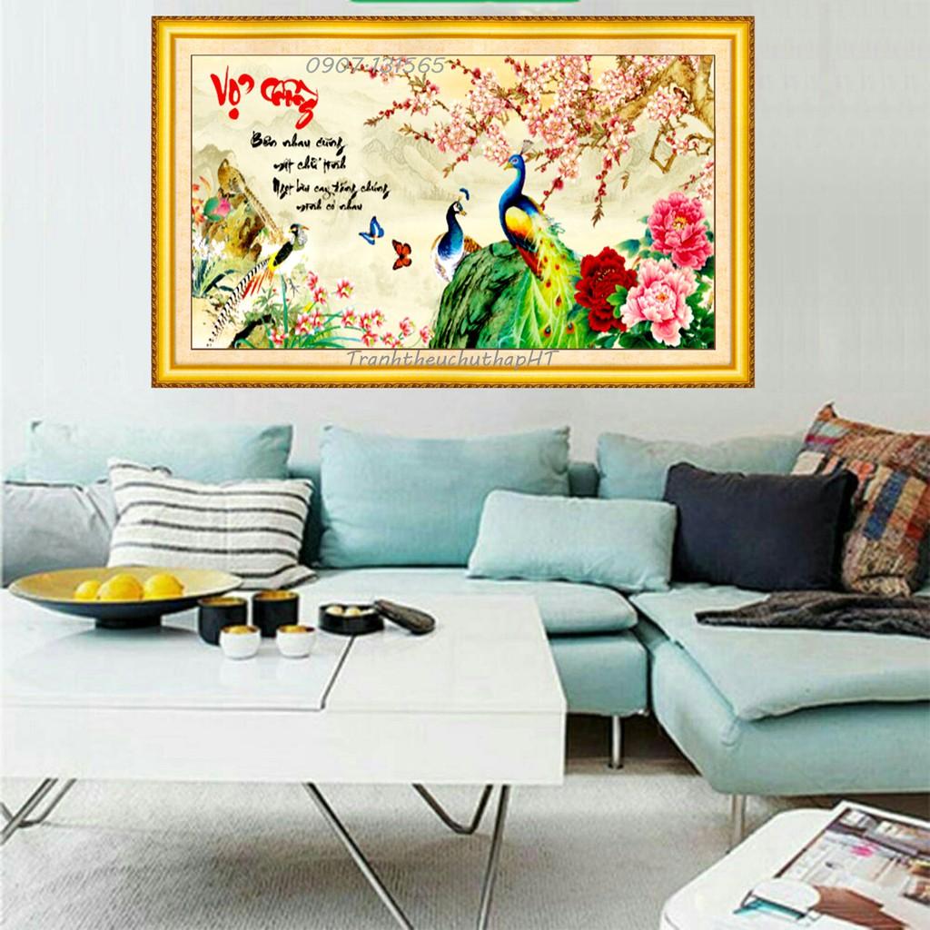 Tranh đính đá vợ chồng chim công LV168 - size: 100*50cm (tự làm)