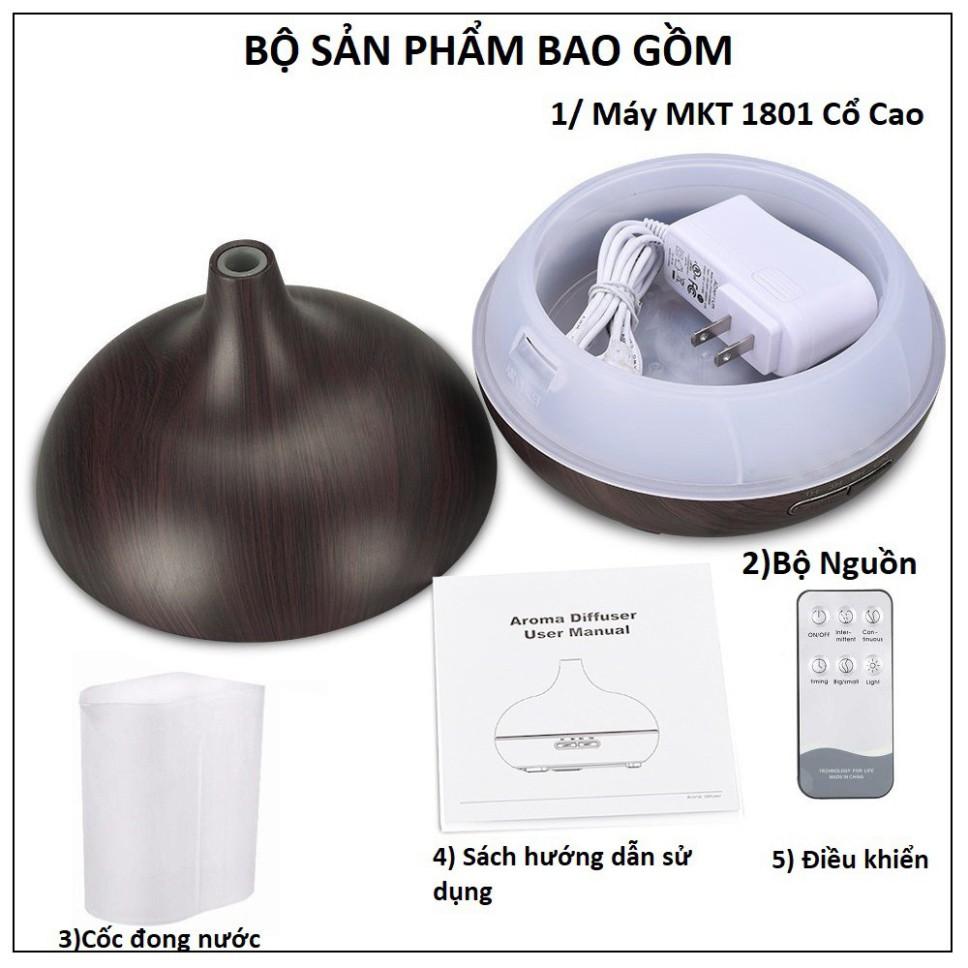 Máy khuếch tán tinh dầu, MKT1801 Cổ Cao vân gỗ, dung tích 550ML, có điều khiển, đèn led 7 màu, bảo hành 3 tháng