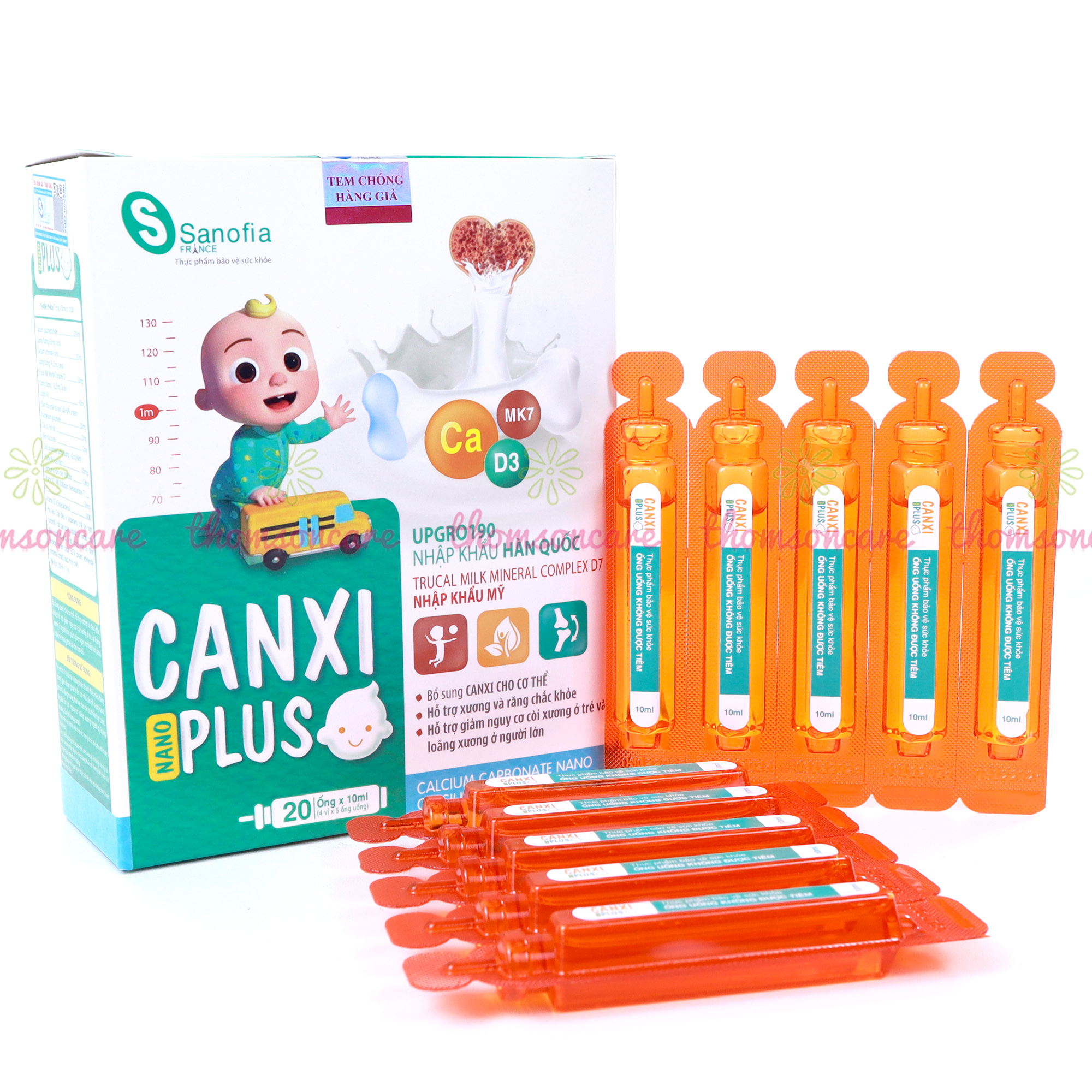 Canxi cho bé - Canxi Nano Plus, giúp xương răng chắc khỏe, giảm còi xương, tăng chiều cao từ Vitamin D3K2 - Hộp 20 ống