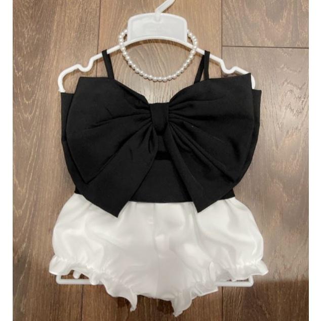 Set đồ bé gái,Bộ quần Áo Bé Gái Nơ đen kết hợp quần bí Chất liệu lụa Thời trang bé gái Sinh Nhật 8-23kg Angel Baby SHOP