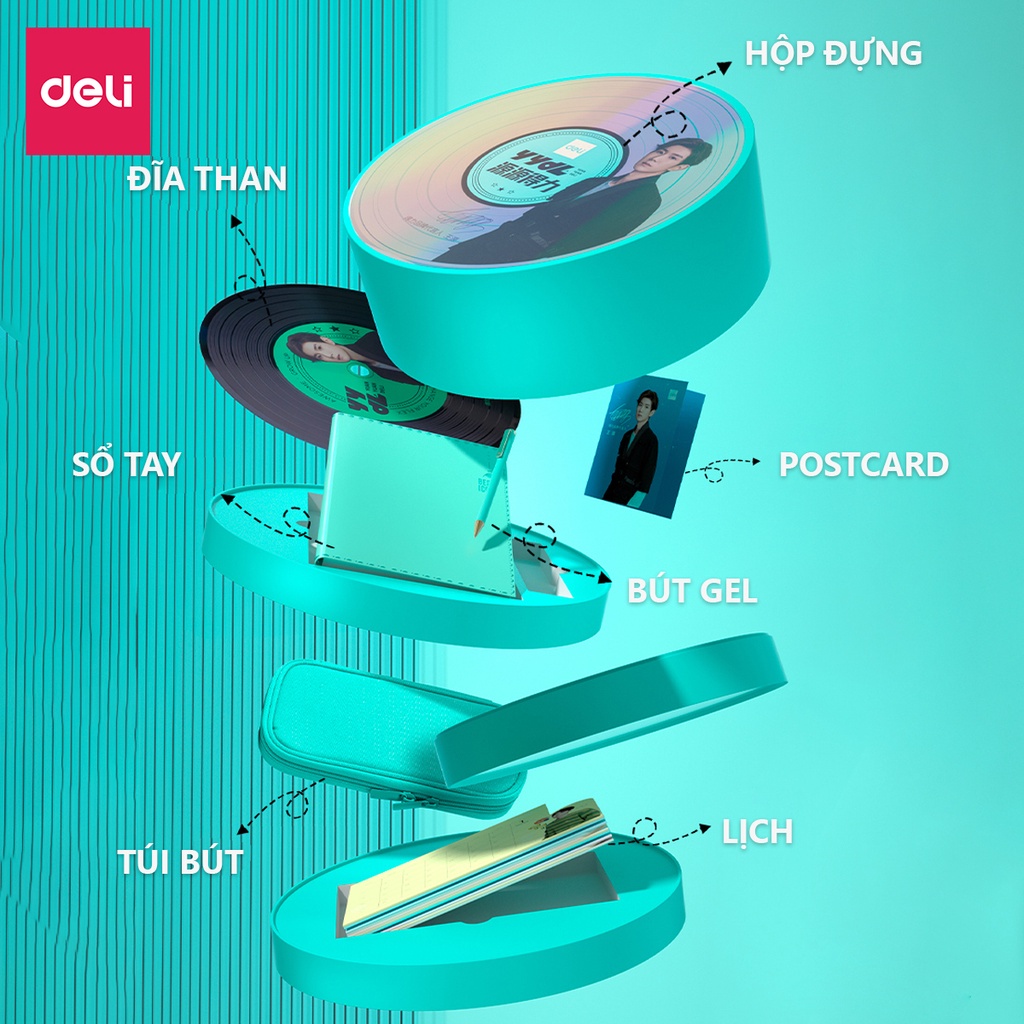 Hộp quà âm nhạc Vương Nguyên Deli gồm 6 sản phẩm - Set sổ bút túi đựng bút màu xanh mint tiện dụng - Qùa tặng Gift - Lịch 2022 - Phiên bản giới hạn 2022