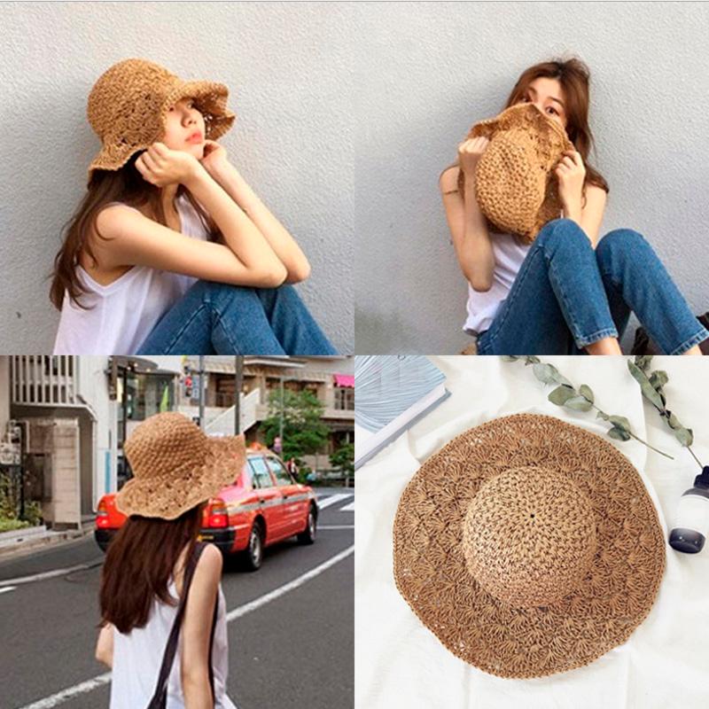 Thời Trang Mùa Hè Tay Gấp Gọn Strawhat Hat Lớn Cùng Vintage Handmade Móc Rơm Bện Chống Nắng Cho Nón
