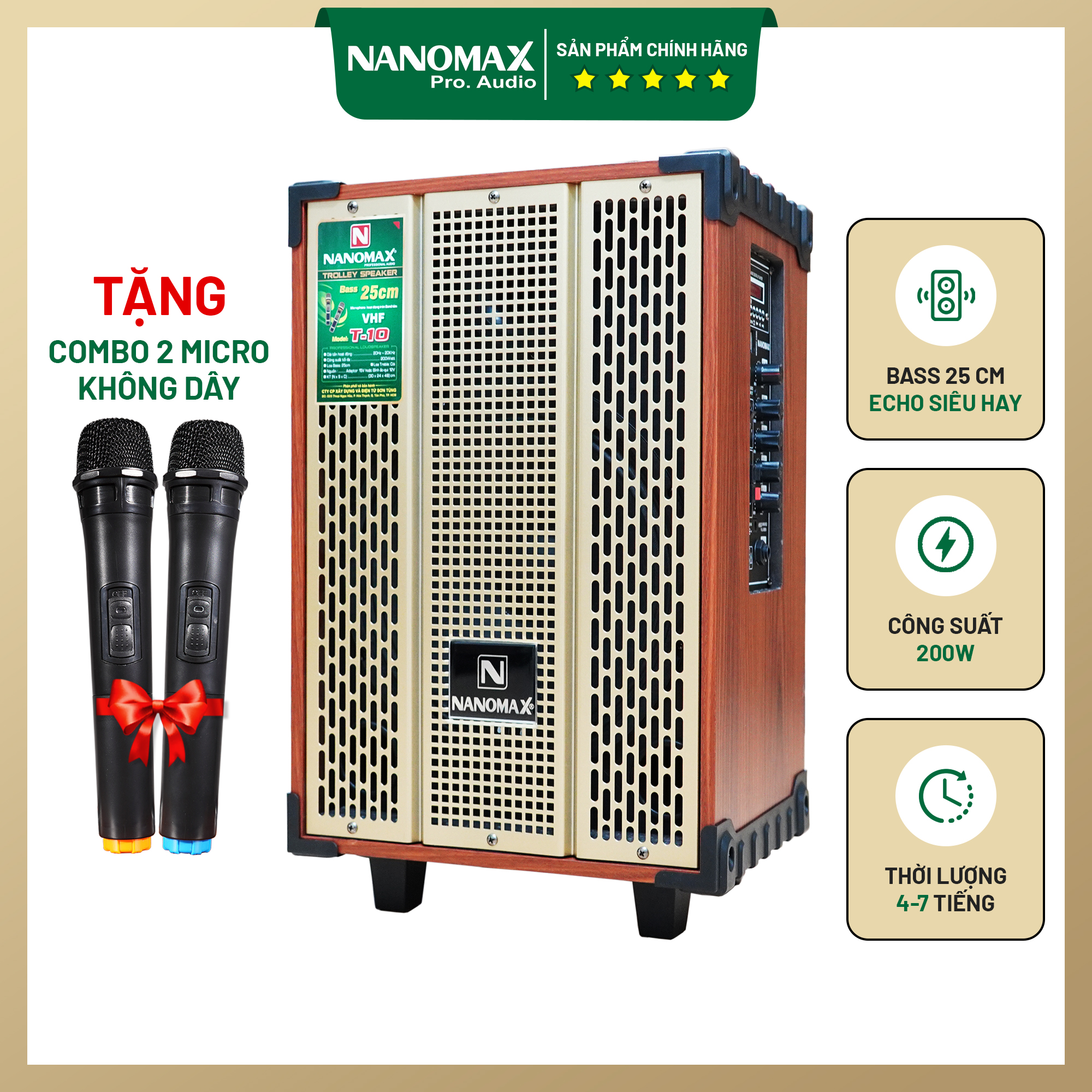 Loa Kéo Karaoke Mini Nanomax T-10 Bass 2.5 Tấc 25cm Công Suất 200W Có Đọc USB Thẻ Nhớ Hàng Chính Hãng