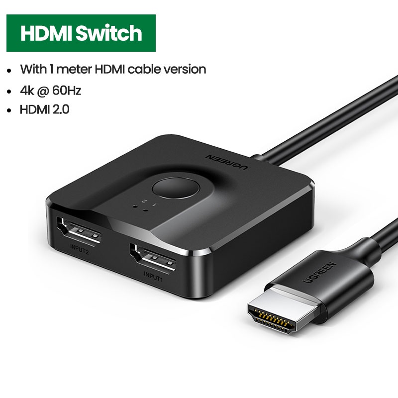 Bộ gộp tín hiệu HDMI 2 vào 1 ra Ugreen 70607 CM311 Switch HDMI 2.0 4K@60Hz ( hỗ trợ 2 chiều,dây đúc liền 1met ) hàng chính hãng