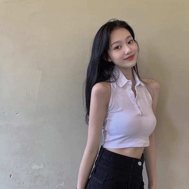 Áo croptop 3 lỗ cổ polo cài cúc sexy - Áo croptop nữ khoét nách hở lưng chất thun