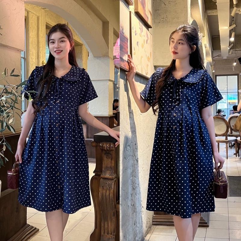 Đầm bầu chấm bi cổ sen phối nút dáng suông cho mẹ mang bầu và sau sinh Váy Bầu Dễ Thương - Bi xanh đen