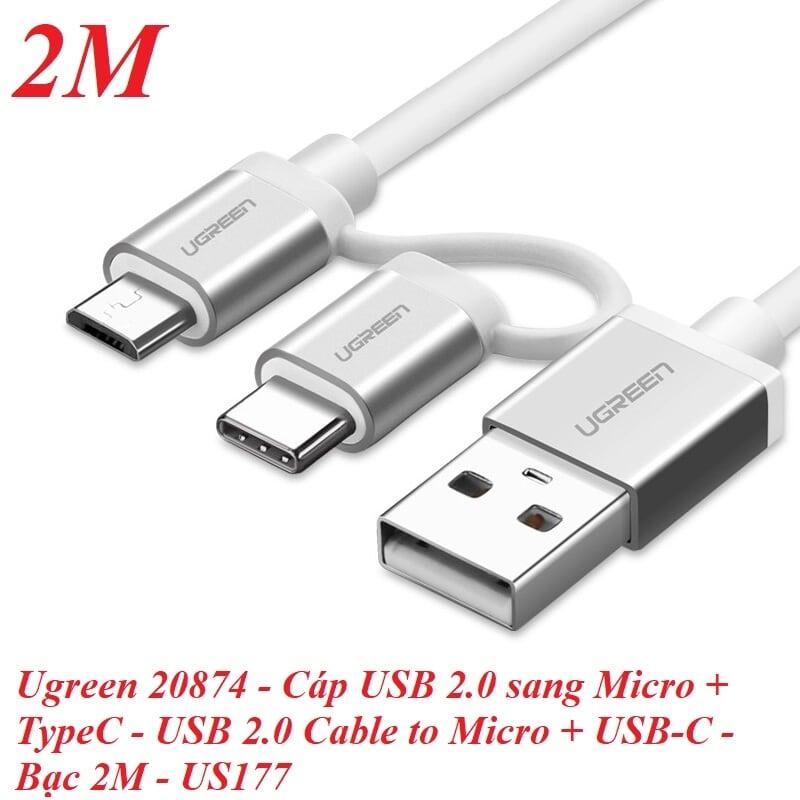 Ugreen UG20874US177TK 2M màu Bạc Cáp USB-A sang Micro USB + USB-C cao cấp - HÀNG CHÍNH HÃNG