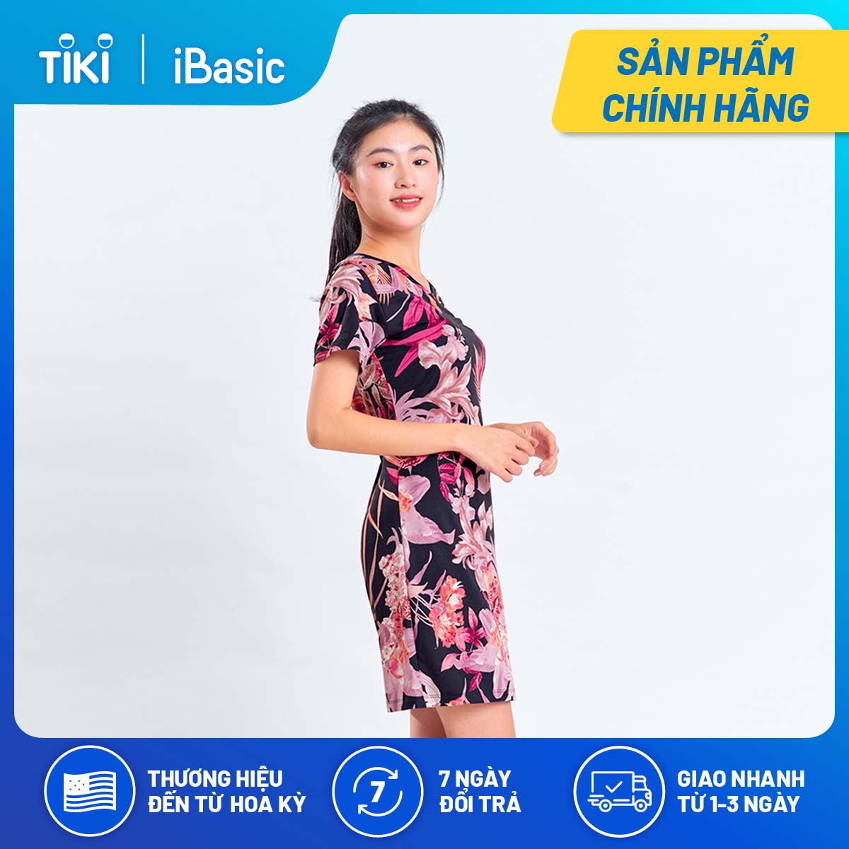 Đầm mặc nhà thun lạnh tay ngắn hoạ tiết iBasic 7916-3