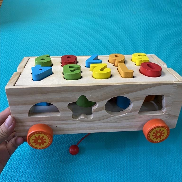 Combo Hộp đồ chơi xe kéo thả hình khối và số đếm, xe hình chó nhiều màu sắc, đồ chơi gỗ cho bé phát triển trí tuệ