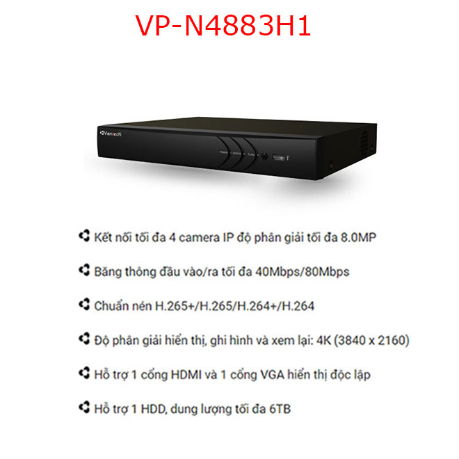 Đầu ghi 4CH 8.0MP NVR VP-N4883H1-Hàng chính hãng