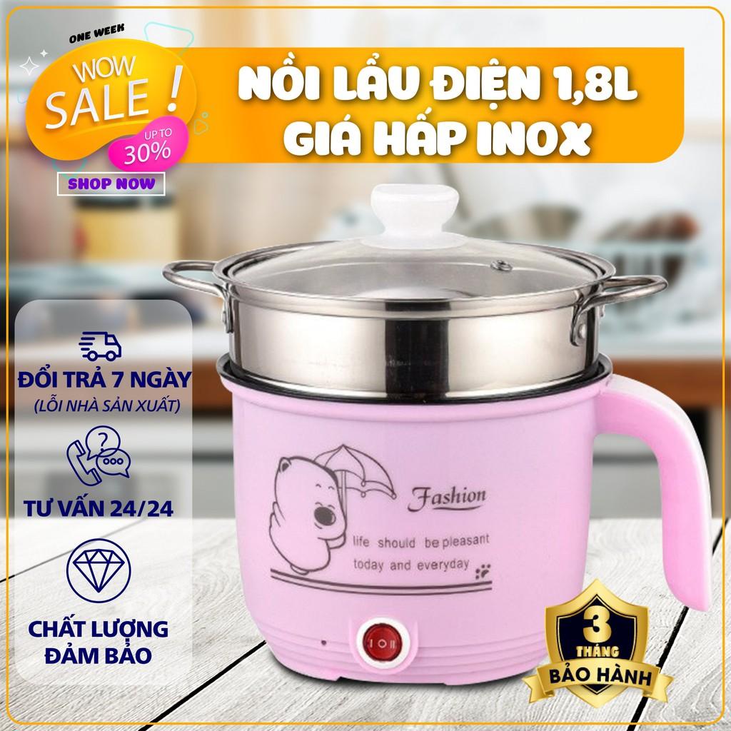 Ca Nấu Mì mini, Nấu Cơm Đa Năng Có Tay Cầm 1,8L - Nồi Lẩu Điện Mini Kèm Giá Hấp INOX + 1 Khay Luộc Trứng