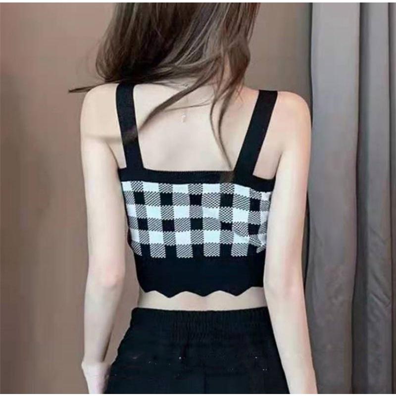 Áo len 2 dây dáng ngắn kẻ caro siêu xinh, free size từ 35_60kg