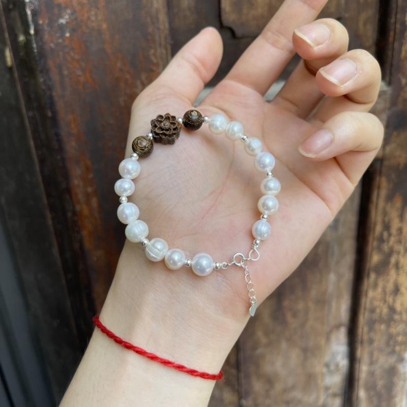 Lắc Tay Ngoc_Trai Mix Hoa Sen Trầm Hương Sánh Chìm - Lắc Bạc Ta Cao Cấp - Phù Hợp Tất Cả Các Mệnh