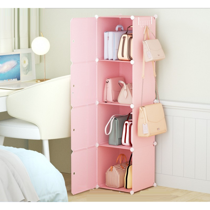 Tủ nhựa đựng túi xách lắp ghép 4 ô màu hồng kèm móc treo